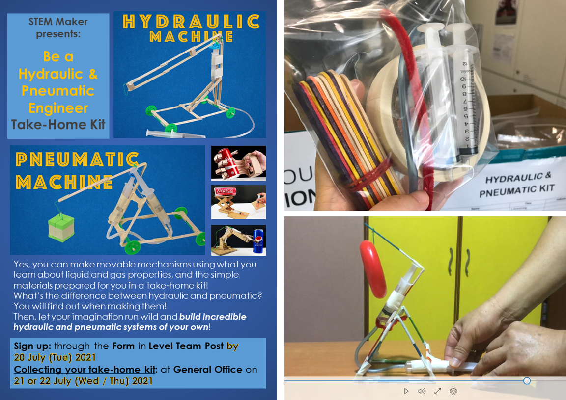 STEM Maker flyer for a hydraulic and pneumatic engineer take-home kit with craft models and syringes shown.